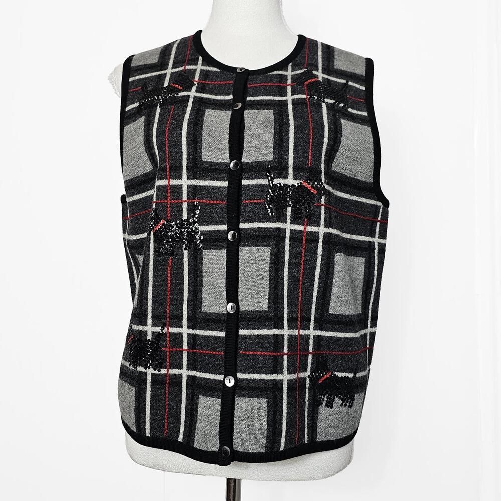 Talbots Medium Sleeveless Button-Up Plaid Sweater Vest with Sequin Dog Motif